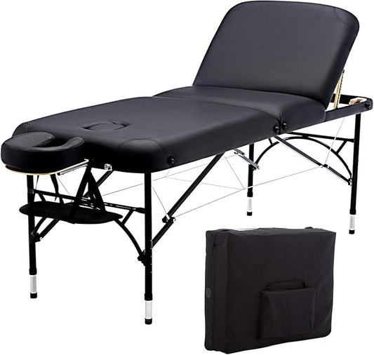 Artechworks 28" Width 3 Folding Portable Lightweight Massage Table Facial Salon Spa Tattoo Bed with Aluminium Leg for Home Office Living Room, Black