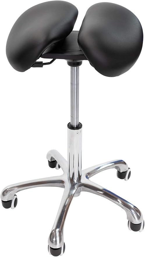 Saddle Stool with Wheels Rolling Chair - Ergonomic Split Seat Design, 360° Swivel Mobility, and Heavy Duty Adjustable Height - Professional Salon, Massage & Esthetician Spa Stool - (Black)