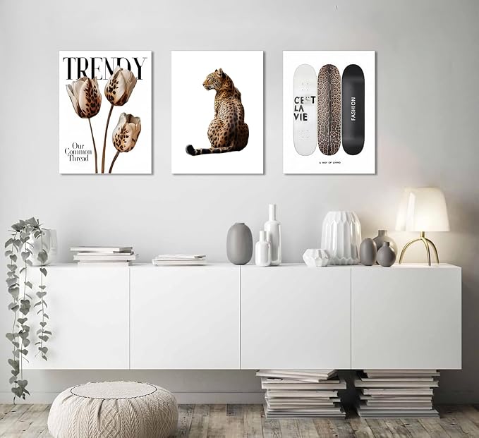 Trendy Leopard Canvas Wall Art Set of 3 Cheetah Printed Preppy Fashion Skateboard Wall Decor Preppy Room Aesthetic posters Prints for Girls Bedroom Apartment Dorm 12x16in Framed Decoration