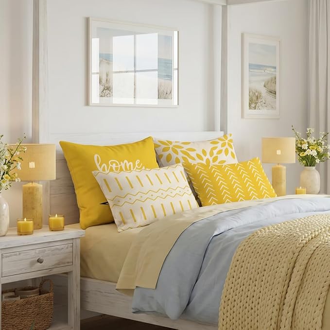 YCOLL Pillow Covers 16x16 Set of 4, Modern Sofa Throw Pillow Cover, Decorative Outdoor Linen Pillow Covers Set of 4 for Couch Sofa Bed and Car, Yellow