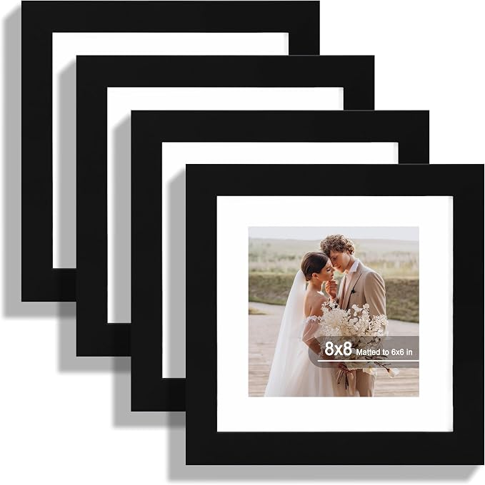 Hongkee 8x8 Picture Frames Set of 4, Made of Real Glass and Black Wooden Frame - Display Picture 6x6 with Mat or 8 x 8 Without Mat, 8 by 8 Photo for Wall or Tabletop