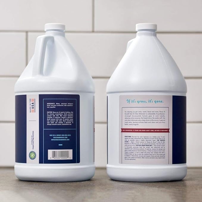 Rocco & Roxie Enzyme Stain & Odor Eliminator, 1 Gallon | Bio-enzymatic urine destroyer; CRI Certified Safe; made in USA; for carpets, bedding, litter boxes, crates & cars