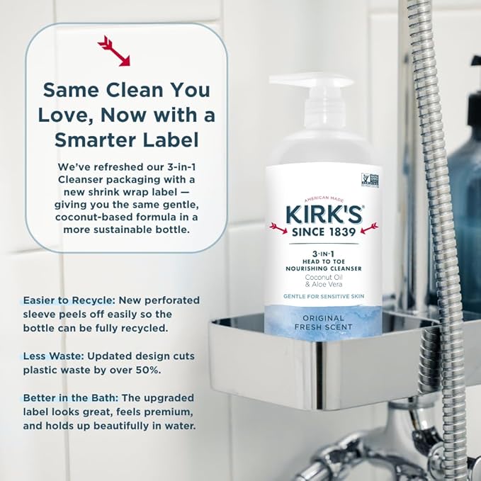 Kirk's 3-in-1 Head to Toe Nourishing Cleanser & Travel Size Bar Soap - for Men, Women & Children, Made with Premium Coconut Oil and Aloe Vera, Non-GMO & Vegan, Original Fresh Scent, 32 Fl Oz.