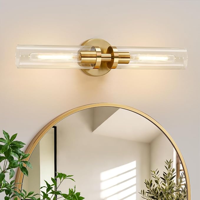 Indoi Brushed Gold Wall Sconces, Hardwired Bathroom Sconces Wall Lighting with Clear Glass, Modern Sconces Wall Light fixtures for Bathroom Mirror Living Room Hallway Bedroom