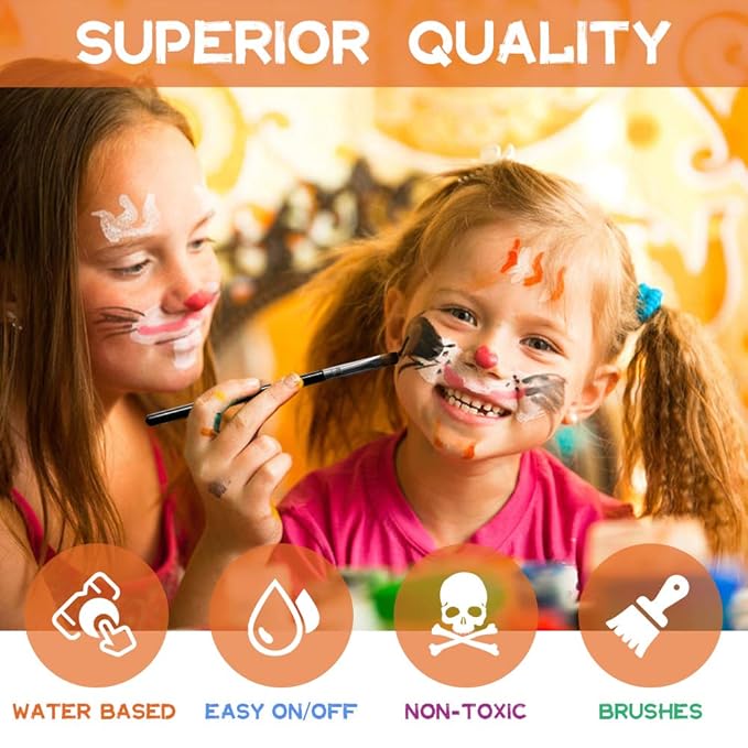 Face Paint Kit - 15 Vibrant Colors Non-Toxic Washable Makeup for Kids & Adults | Water-Based Halloween, Party, Cosplay | Includes 2 Brushes & Palette