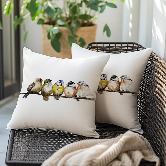 RABUSOFA Watercolor Birds Pillows Decorative Throw Pillows 18x18,Hand-Painted Oil Painting Rustic Birds Square Pillow Cases,Cute Colorful Spring Summer Decorations for Home Couch Sofa Outdoor