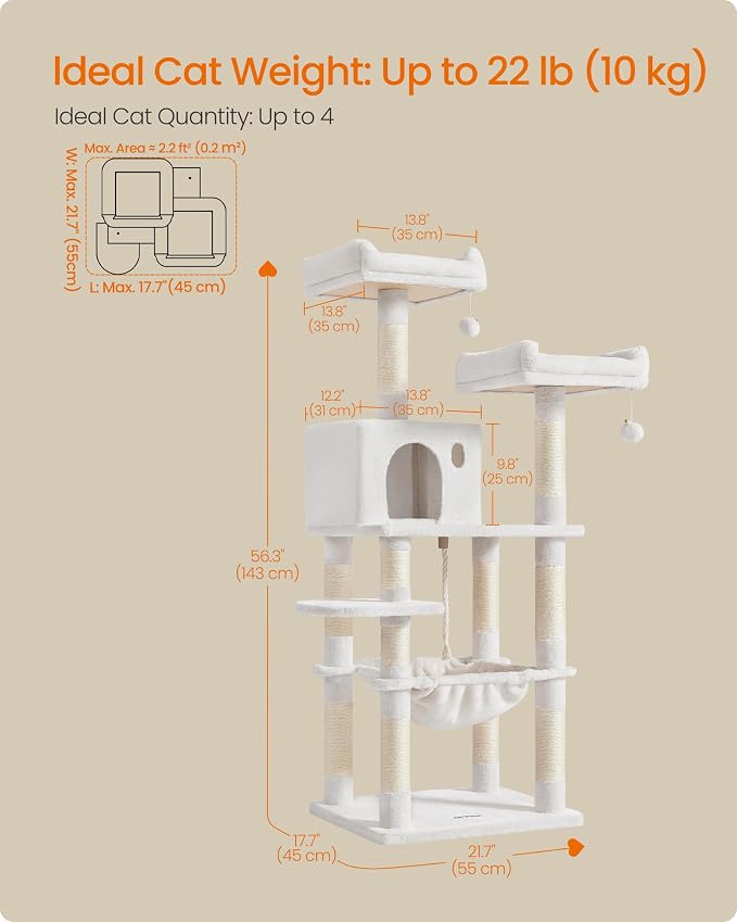Feandrea Cat Tree, 55.8-Inch Cat Tower, Multi-Level Plush Condo with 11 Scratching Posts, 2 Perches, Hammock, Cave, Light Warm White UPCT015W02