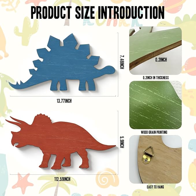 BQXH 4 Pcs Dinosaur Wall Decors Wooden, Boys Dinosaurs Playroom Wall Decor | Farmhouse Dinosaur Gifts for Home Kitchen Bathroom Office Decoration