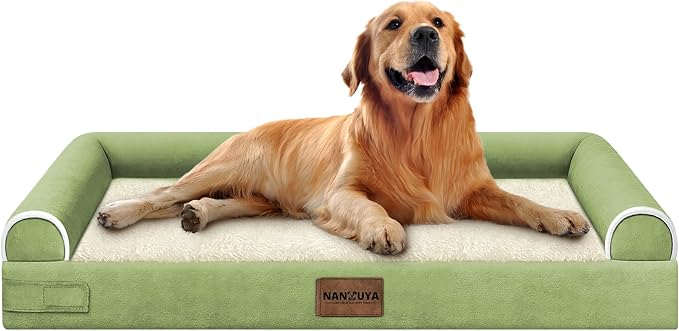 Orthopedic Dog Bed for X-Large Dogs, 40 x 32 Inch, Grass Green | Egg crate foam for joint support, 3-sided bolster pet sofa, waterproof lining, washable cover, and non-skid base