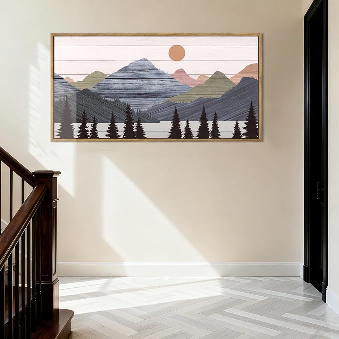 Framed Mountain Wall Art Pine Tree Forest Wall Decor Modern Mountain Range Painting 20x40 Inch for Living Room Bedroom Dining Room