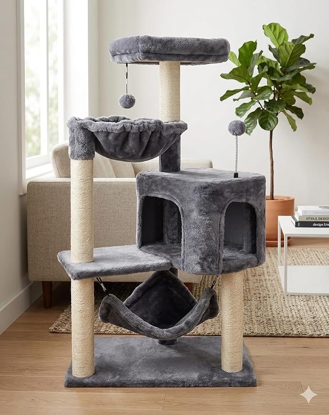 YUNIQUE Cat Tree with Cat Condo and Big Hammock, Grey