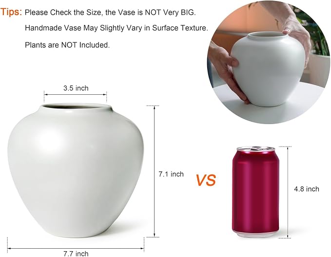 GeLive Short Round White Ceramic Vase Table Centerpiece Moon Jar Jingdezhen Handmade Pottery Vase Glossy Finish Planter Pot Waterproof for Fresh Dried Flower Home Decor Kitchen Utensil Holder