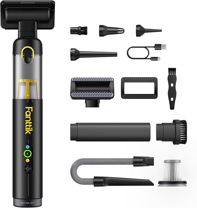 Fanttik Slim V10 APEX Cordless Car Vacuum, 4-in-1 Portable Mini Handheld Vac, Upgraded Smart Digital Display, 19kPa Suction Power, 2 Suction Modes for Small Jobs, Car, Office Desk, Keyboards (Black)