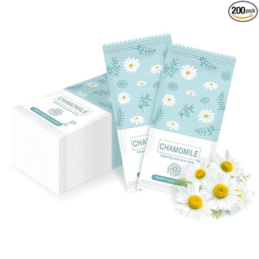 Travel Feminine Hygiene Wipes, Individually Wrapped Wipes, 200 Pack | Chamomile pH-Balanced Feminine Wipes, Individually Wrapped Portable Large Hygiene Wipes for Friends & Homeless Care