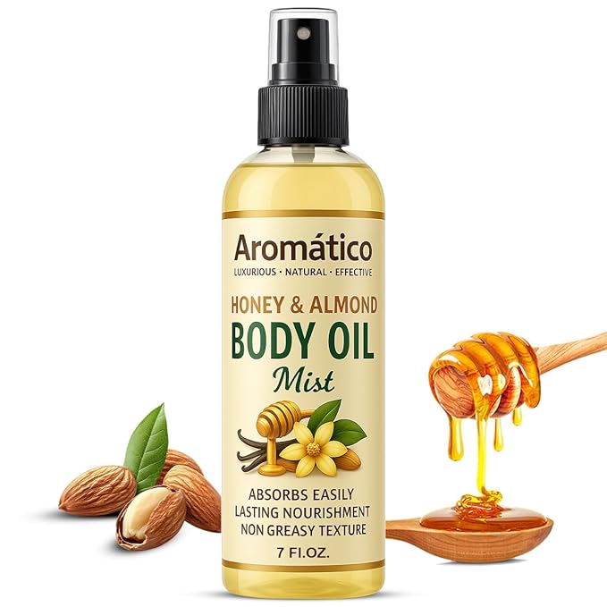 Aromatico Honey & Almond Body Oil Mist for Women – 7 fl oz | Lightweight, Non-Sticky, Spray-on formula for Daily use After Shower | Moisturized, Soft, Glowing Skin | Cozy Honey & Almond Scent