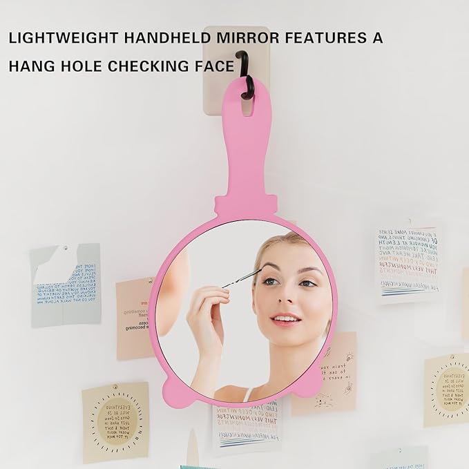 2 Pcs Handheld Mirror with Handle, Plastic Travel Makeup Handheld Cosmetic Hand Mirror for Travel, Pocket Desk Showe Barber, Gift for Your Girlfriend, for Women (Pink, 5.91" Lx 7.87" W)