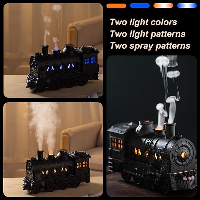 Steam Train Essential Oil Diffuser Set, 300 ml Retro Train Aromatherapy Diffuser with Night Light, Includes 2 Essential Oils, Desk Decor Humidifier, Gift for Train Lovers