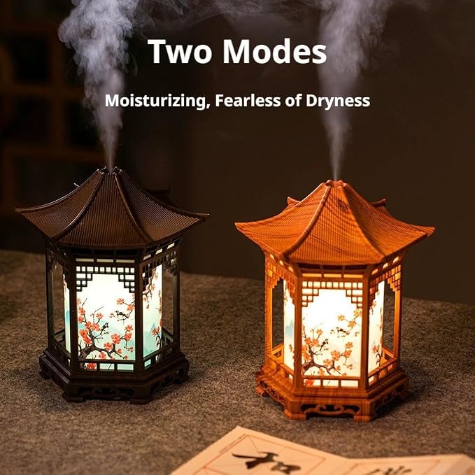 Zen Pavilion Lantern Aroma Diffuser & Night Light,2-in-1 160ml Essential Oil Diffuser with 2 Mist Modes,Zen Garden Humidifier Chinese-Style Decorative Night Light for Yoga, Meditation (Brown)
