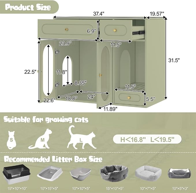 Hidden Cat Litter Box Enclosure Furniture with LED Light, Modern Litter Box Cabinet with Drawers & Acrylic Door, Multi-Entry Cat House Sideboard for Living Room, 37.4"W x 15.6"D x 31.5"H,Green