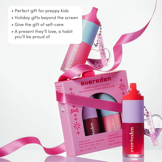 Evereden Kids Tinted Non Toxic Lip Gloss Gift Set: Ruby Red & Sakura Pink, Non Toxic and Vegan Makeup for Kids - Hydrating Lip Gloss with Cherry, Peach, & Cranberry Oils - Gift Set with a Box