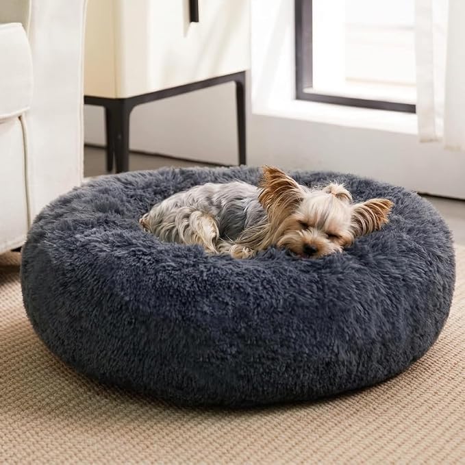WNPETHOME Medium Round Calming Dog Bed Cat Bed for Comfy Sleep | Dog Bed For Medium Dog, Cute Washable Puppy Bed with Cozy Plush, Fur Anxiety Pet Bed Donut Cuddler (30x30x10In, Navy Blue)