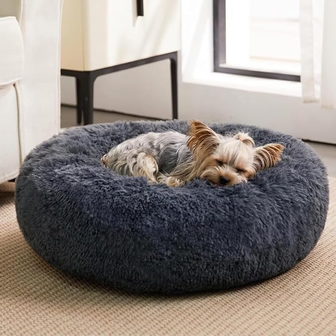 WNPETHOME Medium Round Calming Dog Bed Cat Bed for Comfy Sleep | Dog Bed For Medium Dog, Cute Washable Puppy Bed with Cozy Plush, Fur Anxiety Pet Bed Donut Cuddler (27x27x10In, Navy Blue)