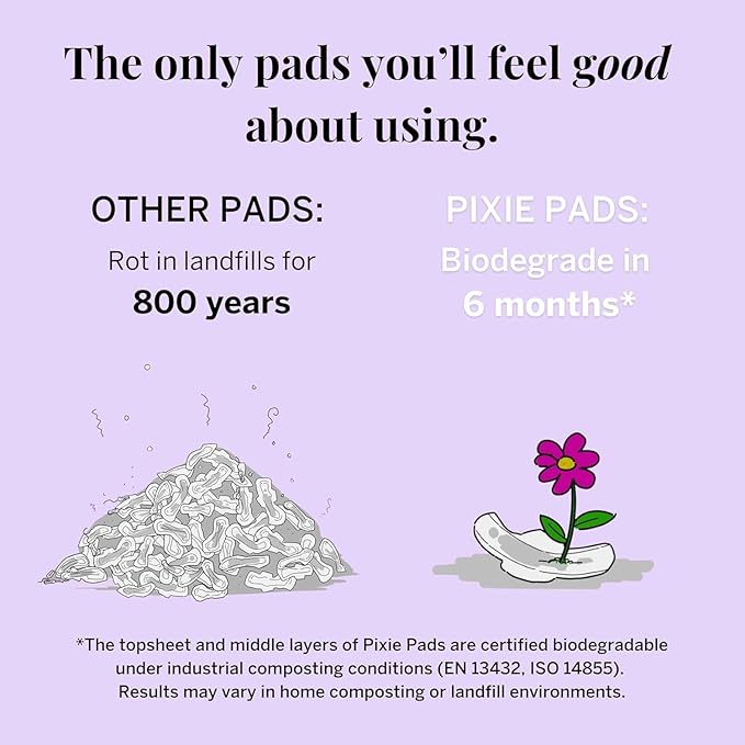 Pixie Organic Cotton Ultra Thin Pads with Wings for Women - Leak-Proof & Moisture-Wicking for Feminine Care - Compostable, Unscented Menstrual Pads - Regular Absorbency - FSA Eligible - 12 Count
