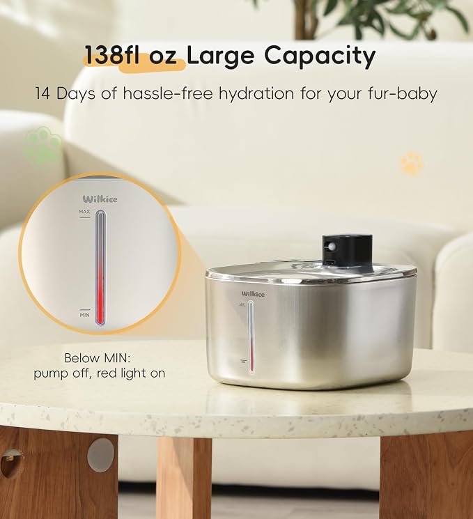 Cat Water Fountain Stainless Steel, 138fl.oz / 4.1L Cordless Cat Fountain | Wireless Pet Fountain; 4000mAh Battery; Indoor; Triple Water Modes; 25 dB Ultra-Quiet