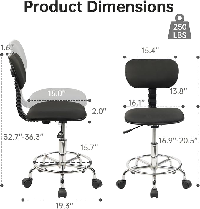Low Wide Rolling Swivel Stool with Backrest, Adjustable Height Salon Chair Stools with Footrest for Spa Tattoo Office Desk Massage Task Lash Barber Facial, Black 1PK