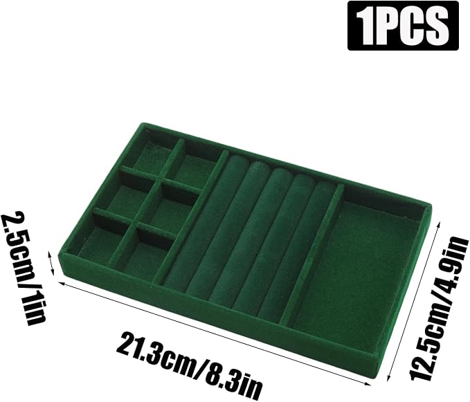 Velvet Jewelry Organizer Tray, Dark Green 3-in-1 | Stackable Jewelry Storage Display Tray with Removable Dividers for Drawer Dresser Cloest Organizer