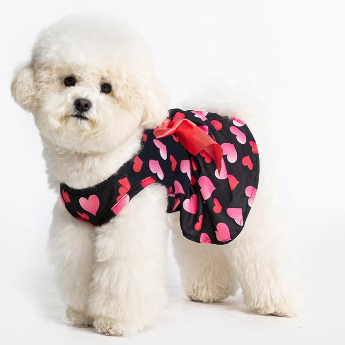 PUPTECK Print Dog Spring Dress Pet Costumes Apparel with Cute Bowtie Puppy Clothes Outfit, Heart, XS