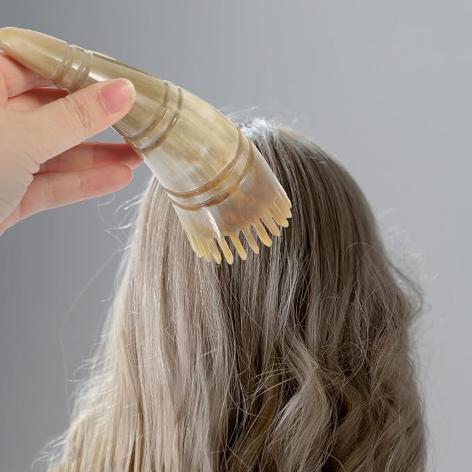 COLLBATH Natural Horn Wide Tooth Scalp Massage Comb Ergonomic Handle Head Therapy Brush for Dandruff Removal and Stress Relief