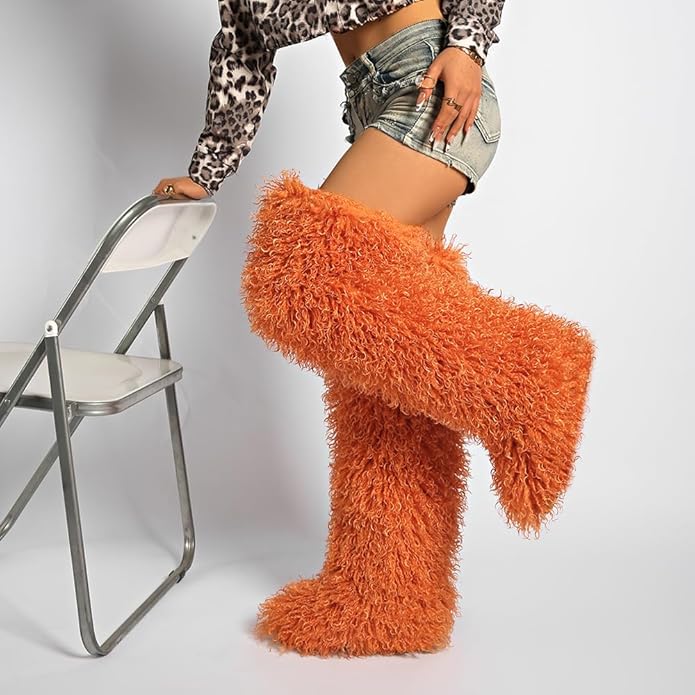 SWEETHEART BEAUTY Thigh High Shagy Teddy Fur Boots, 29 Inch Over the Knee Length Fluffy High Boots, Tall Furry Shoes For Women