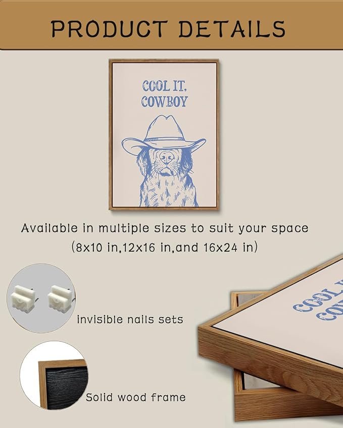 ZZLWBKGL Western Wall Decor Cool It Cowboy Wall Art Cowboy Dog Canvas Art | Vintage Artwork Funny Animal Picture for Living Room Bathroom Nursery 12x16in