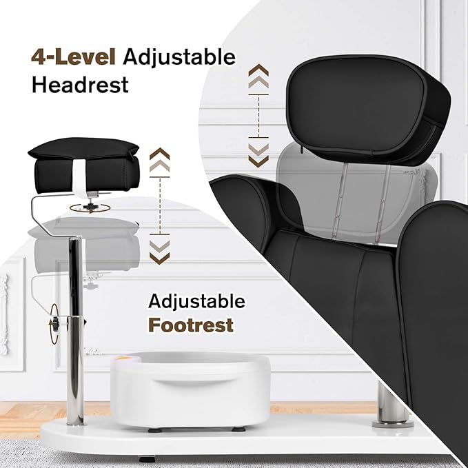 Pedicure Chair No Plumbing with Stool & Foot Bath, 360°Swivel Hydraulic Reclining Pedicure Station with Footrest & Ergonomic Headrest for Nail Tech, Spa, Salon (Black)