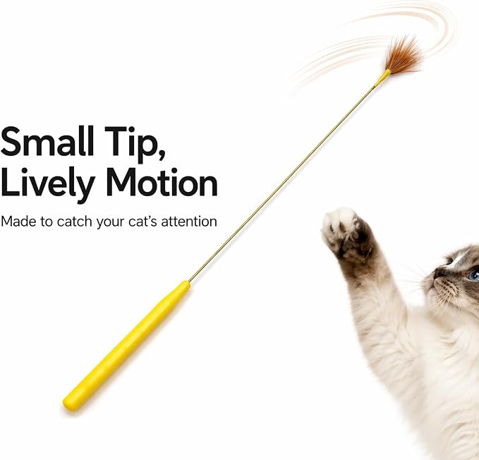 Mini Cat Wand Toy Set - Fast Motion Interactive Cat Teaser, Small Feather & Flowing Feather Tips, Flexible Wire Wand for Indoor Cats, Close-Range Play, 2 Pack