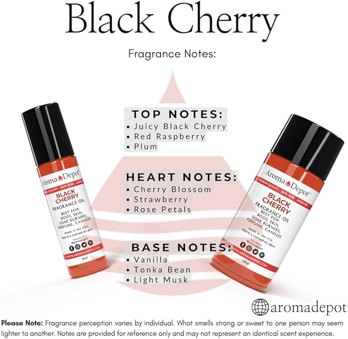 Aroma Depot 1 fl oz Black Cherry Fragrance Oil – Scent for Candle Making, Soap Making, Wax Melts, Diffusers, Body Oil Blends & Incense (30ml)