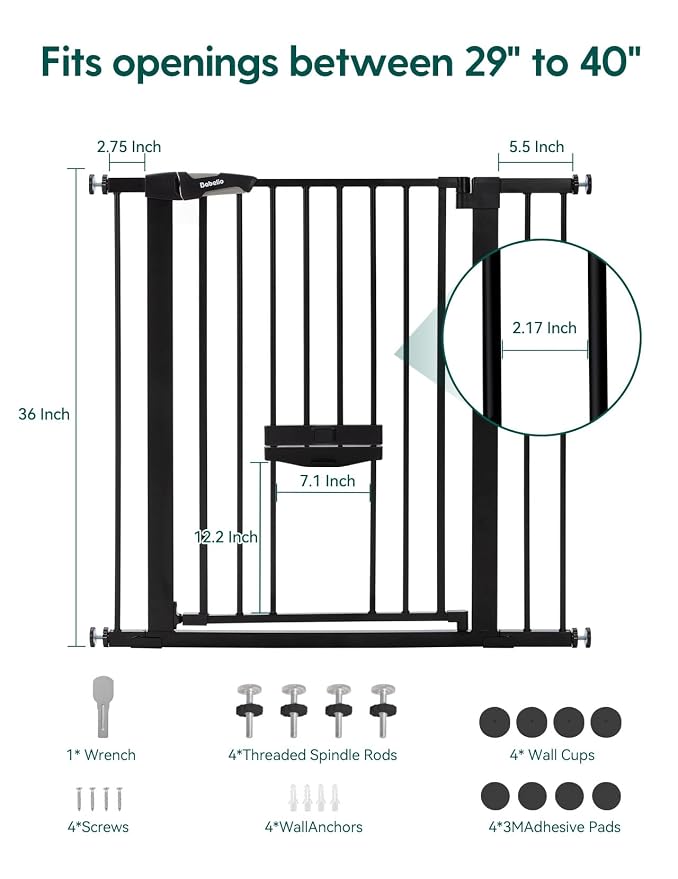 Babelio 36" Tall Baby Gate with Cat Door, CatPrivilege II, 29-40" | 6-Level Adjustable Metal Pet Gate, Auto-Close Safety Gates with Pet Door, Easy Walk Thru, Black