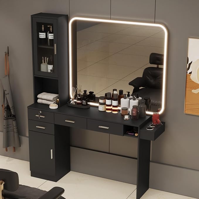 Barber Salon Station for Hair Styling, Wall Mount Beauty Spa Furniture Equipped with Salon Equipment Hair Dryer Holder, Drawers, Storage Cabinet and Open Shelves, Without Mirror (Black)