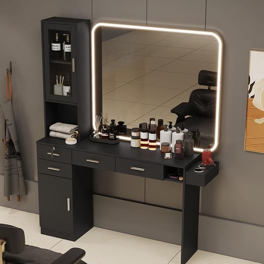 Barber Salon Station for Hair Styling, Wall Mount Beauty Spa Furniture Equipped with Salon Equipment Hair Dryer Holder, Drawers, Storage Cabinet and Open Shelves, Without Mirror (Black)