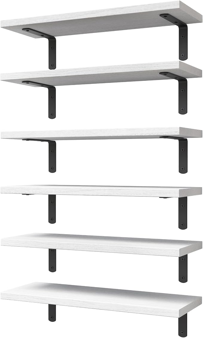 White Floating Shelves Set of 6,Wood for Bedroom,Modern Wall Decor,Bathroom Storage,Book Living Room[Upgraded]-White (HM011A)