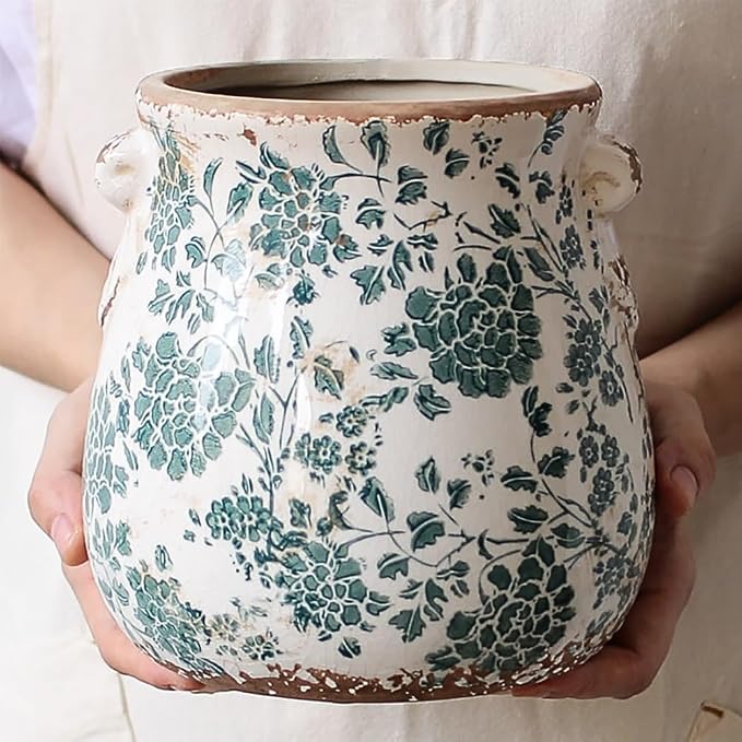 Tuscan Ceramic Planters & Kitchen Utensil Holder, 6.68" Vintage Plant Pots | Flower Pot with Drainage for Indoor/Outdoor, Country Cottage Vase for Home Garden Decor, Gifts for Plant Lovers, Cyan