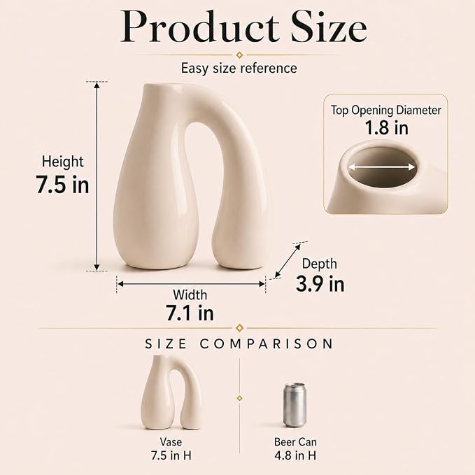Cream White Ceramic Vase for Pampas, Boho Shelf & Table Decor | Holds Dried Stems and Faux Florals - Sculptural Accent for Mantel, Console and Entryway