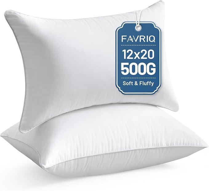 FAVRIQ 12 x 20 Throw Pillow Inserts (Set of 2), Rectangle Interior Sofa Pillow Inserts with 100% Cotton Cover, Lumbar Support Pillow for Chair Bed, Decorative Pillow Insert Pair, White Couch Pillow