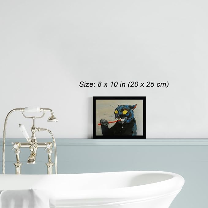 ICHZUMW Framed Funny Black Cat Bathroom Decor Canvas Wall Art, 8x10 Inches | Quirky Black Cat Brushing Teeth Painting, Humorous Bathroom Wall Decor, Restroom Powder Room, Fade Resistant, Ready to Hang