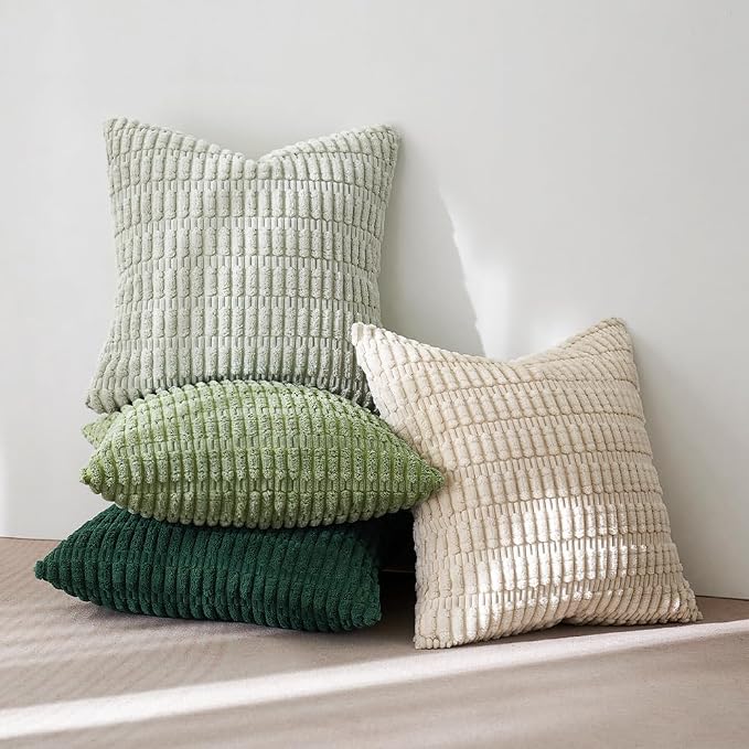 MIULEE Pack of 4 Summer Neutral Corduroy Decorative Throw Pillow Covers 20x20 Inch Farmhouse Boho Rustic Soft Striped Pillow Covers Home Decor for Sofa Living Room Couch Bed Green | Neutral Rustic Farmhouse Boho Soft Striped Pillow Covers,Home Decor fo...