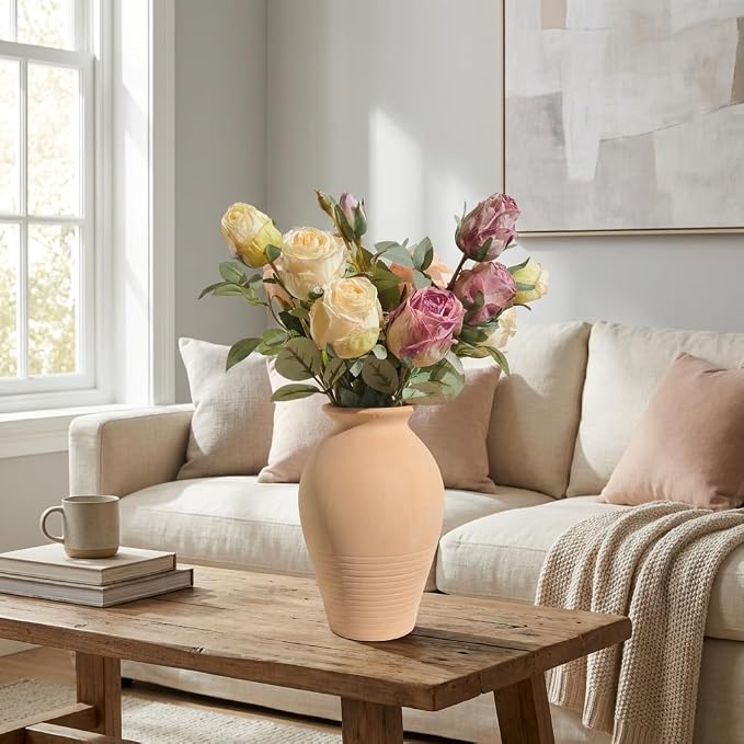 Ceramic Whitewashed Terracotta Farmhouse Vase, 9.2 inch Height, Pottery Decorative Flower Vases,Clay Decorative Vases for Home Decor, Table, Living Room, Shelf, Mantel Decoration (Terracotta White)