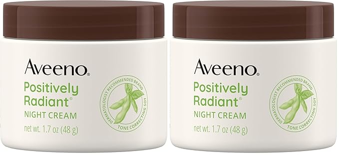 Aveeno Positively Radiant Moisturizing Face & Neck Night Cream with Tone Correcting Soy & Niacinamide,Night Cream Targets Dull Skin-& Evens Skin Tone-& Texture,Hypoallergenic,1.7 oz,(Pack of 2)