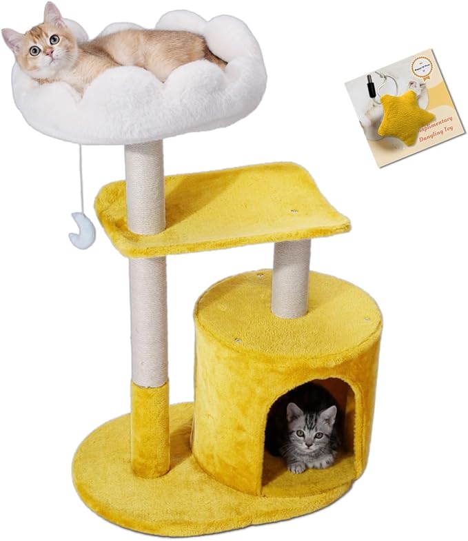 33" Cloud Cat Tree Tower, Cozy Bed & Large Condo for All Cats | 33" Multi-Level Cat Tower, Scratching Posts, Viewing Perch & Toys, Stable Structure, Padded Bed, 13.7"x11.8" Cat Condo