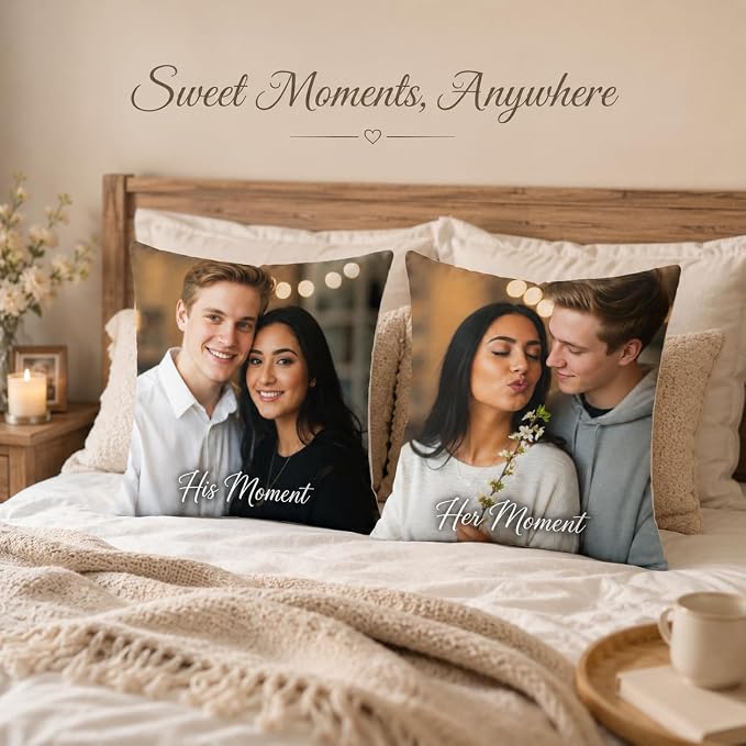 Bemaystar Custom Pillow Set of 4, Personalized Photo Pillow Covers with Picture Text, Made in USA, Custom Gifts for Family Pet Couple, Decorative Throw Pillow Gifts for Birthday Christmas (No Insert)